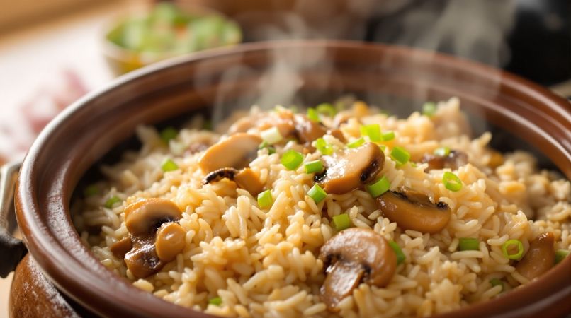 蘑菇视频干货料理合集配图：砂锅中的香菇焖饭