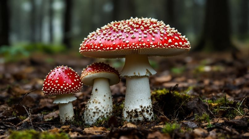 蘑菇视频避险合集配图：林地里红色菌盖的毒蝇伞